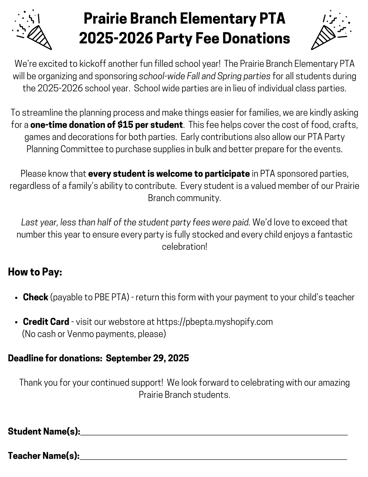 Party Fee 2025-2026 school year *paid per student